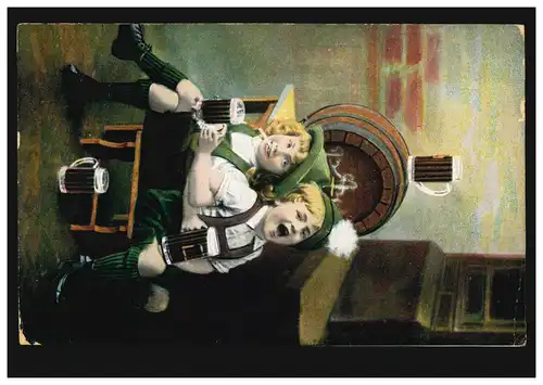 Kinder-AK Zwei Jungen beim Biertrinken Bierfass Biergläser, MÜNCHEN 7.1.1910