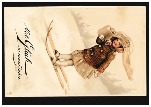 Enfants-AK Nouvel An: Filles sur skis, HANNOVER Goethe-Lessing 31.12.1928