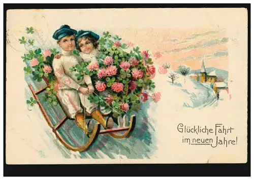Enfants-AK Nouvel An: Filles et garçon sur traîneau avec fleurs, MESCHEDE 31.12.20