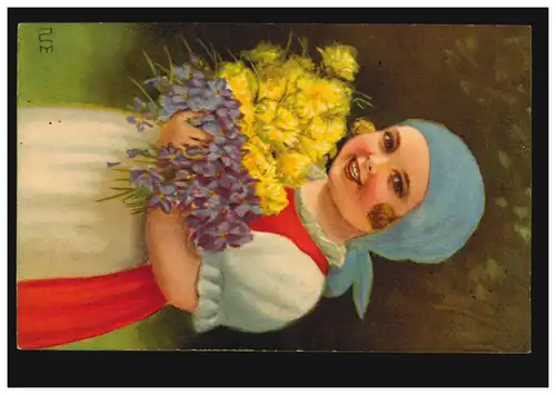 Enfants-AK Fille souriante avec un foulard bleu et des fleurs, LANDSHUT 5.2.1929