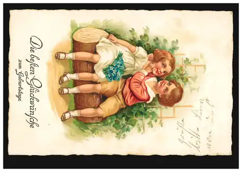 AK pour enfants Anniversaire: Fille et garçon avec violette, Édition Amag, WALSRODE 1927