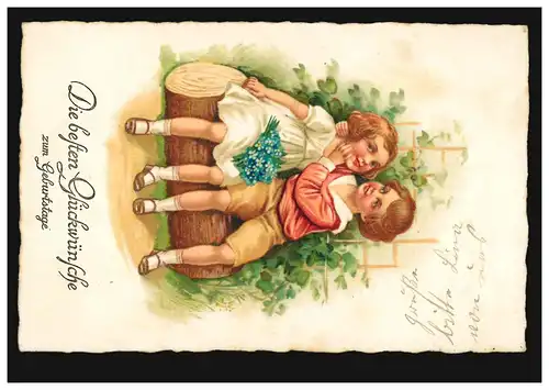 Kinder-AK Geburtstag: Mädchen und Junge mit Veilchen, Amag-Verlag, WALSRODE 1927