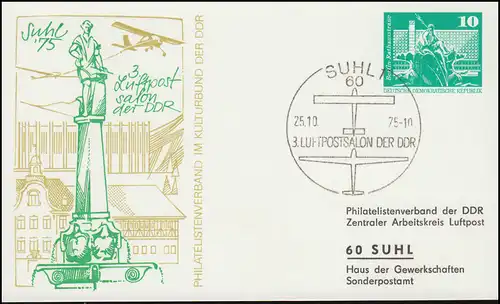 PP 15/45b Bâtiments 10 Pf Salon du courrier aérien de la RDA 1975 avec adresse, SSt SUHL