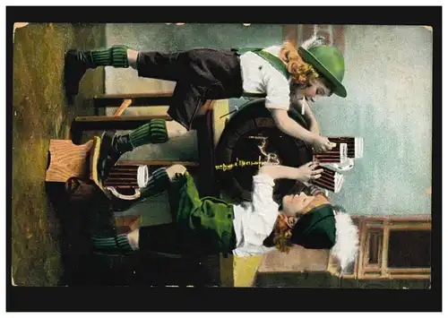 Kinder-AK Zwei Jungen beim Rauchen Bierzapfen Bierfass, MÜNCHEN 5.11.1909