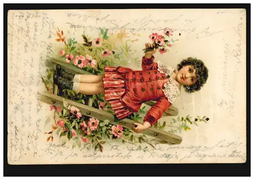 Enfants-AK fille avec des fleurs sur l'échelle, selon INNSBRUCK 1 - 21.10.1912