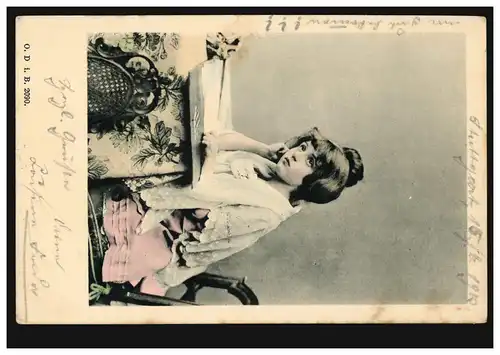 AK amoureuse femme rêveuse à table, bureau de poste STUTTGART n°1 - 15.6.1903