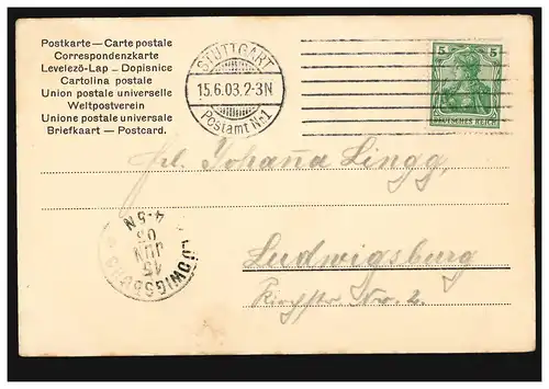 Liebes-AK Träumende Frau am Tisch, STUTTGART Postamt Nr.1 - 15.6.1903 
