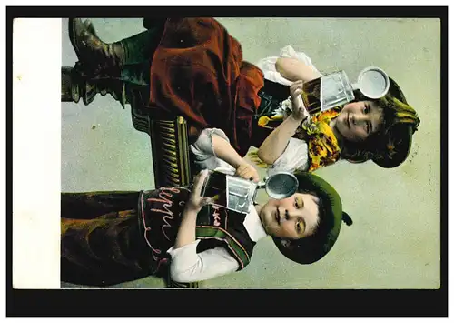 Autriche Enfants-AK Seppl avec une amie dans le costard près de la bière, WIES 1907