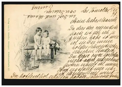 Enfants-AK Deux enfants sur la passerelle avec voilier, NEUCHATEL 5.12.1897