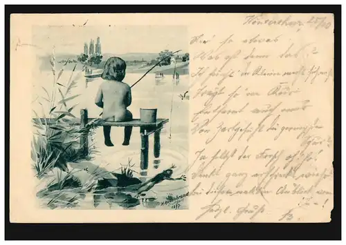 Enfants-AK H. Hildenbrand 1897: Enfant sur la passerelle en pêche, WINTERTHUR 26.10.1898