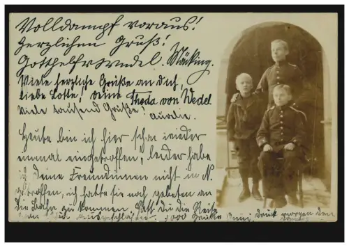Foto-AK Drei Jungen in Uniform, SCHNEIDEMÜHL 20.1.1905 nach HANNOVER 21.1.05