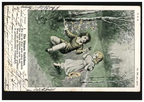 Künstler-AK A. Weinert: Die blauen Veilchen, passendes Gedicht, CANNSTATT 5.1.05