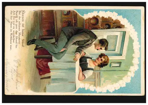 Amour-AK couple amoureux à table, poème: baiser n'est pas un péché'. GLADAU 29.1.06