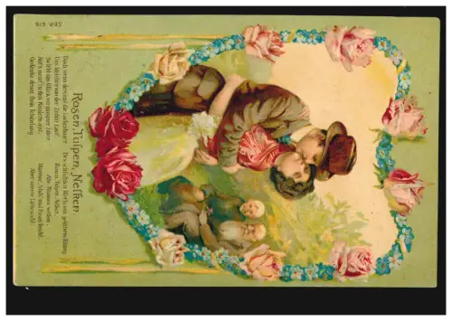 AK Amour Jeune et vieux couple, Poème Roses, Tulipes, Oeillets, FRONBERG