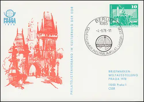 PP 15/96b Constructions 10 Pf PRAGA 1978 avec adresse, SSt BERLIN Vol spatial