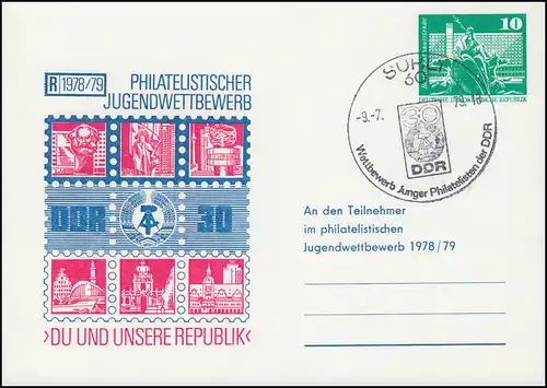 PP 15/94b Bâtiments 10 Pf Exposition de la jeunesse DDR 30 avec adresse, SSt SUHL 1979