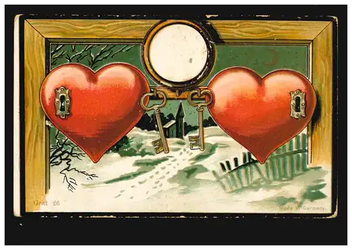 AK Amour paysage hivernal: 2 coeurs - 2 châteaux - deux clés, non utilisées