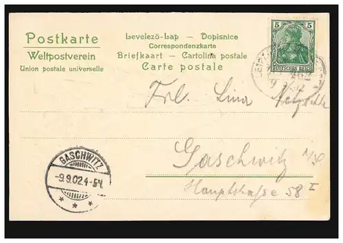 Bahnpost LEIPZIG-RIESA-DRESDEN ZUG 492 - 9.9.1902 auf Liebes-AK Himmelszelt