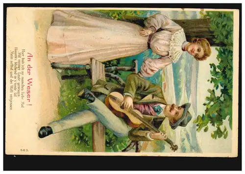 AK Amour couple avec guitare, poème: A la Weser! HAMBURG No.1 - 8.1.1908