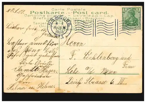 AK Amour couple avec guitare, poème: A la Weser! HAMBURG No.1 - 8.1.1908