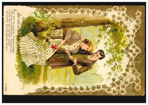 Liebes-AK Liebespaar, Gedicht: Ich weiß ein Herz für das ich bete, vergoldet