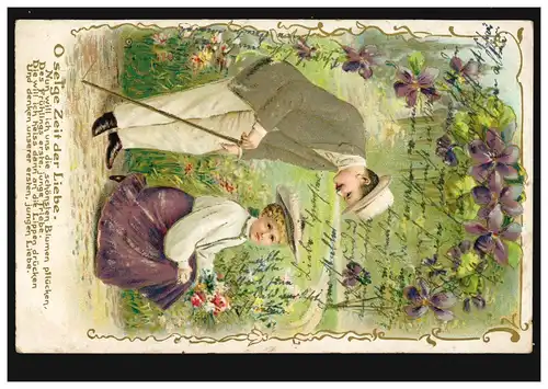 Amour-AK couple d'amour dans le jardin, poème O bienheureux temps de l'Amour BILLErbeck 1906