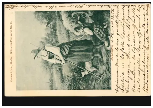 Artiste-AK Sons du soir - paysanne avec enfant après le travail sur le terrain lors de la prière d'adieu