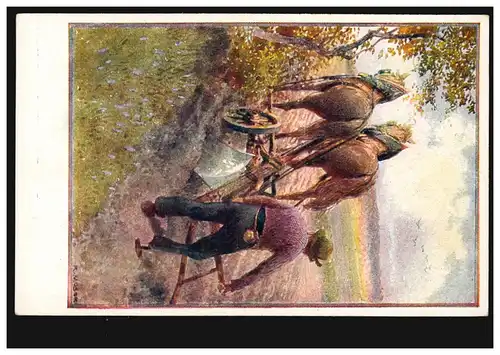 AK Artiste R. Moser: paysan avec des chevaux en attelage dans le travail de terrain, inutilisé