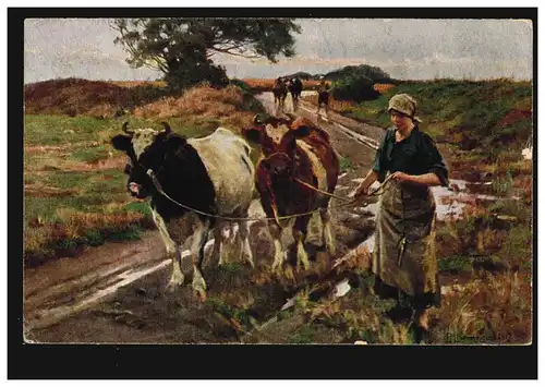 AK Artiste Erik Henningsen: Vers le domicile - Baumeuse avec deux vaches, KIEL 16.1.1950