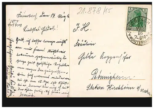 Commande de terrain Artiste-AK dans le pays ennemi, FEUERBACH WÜRTTEMBERG 17.3.1916