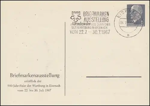 PP 7/14 Ulbricht 5 Pf Briefmarkenausstellung Drucksache Werbe-O EISENACH 1967