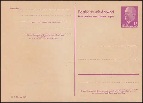 DDR P 74 Ulbricht 15/15 Carte double sans code postal, non utilisée - min.