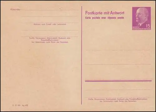 DDR P 74 Ulbricht 15/15 Carte double sans code postal, non utilisée - min.