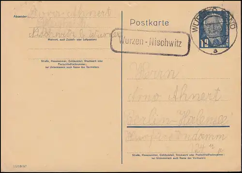 Landpost Wurzen-Nischwitz auf DDR P 50/01 Pieck DV III/18/97, WURZEN LAND 1954 