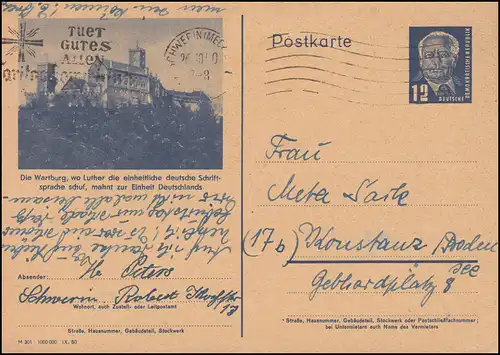 DDR P 47/04 Wartburg ... où Luther, timbre publicitaire SCHWERIN (MECKL.) 26.10.1950