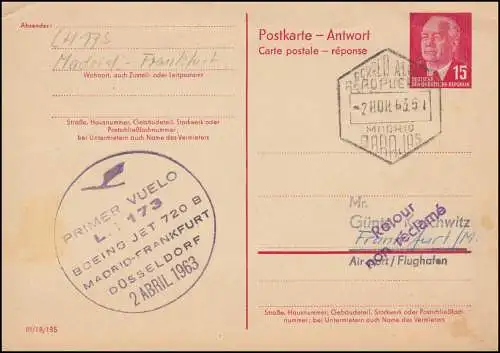 Premier vol AEHRHANSA LH 173 Madrid-Francfort-Düsseldorf 2.4.1963 en RDA P 65aA