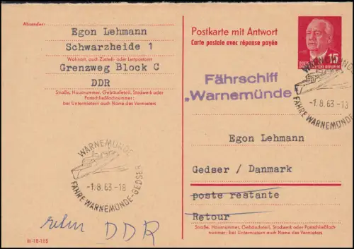 Post bateau ferry Warnemünde vers Gedser sur P 65aF SSt MISE EN GARDE 1.8.1963