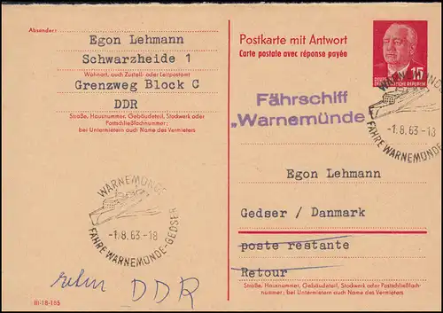 Schiffspost Fährschiff Warnemünde nach Gedser auf P 65aF SSt WARNEMÜNDE 1.8.1963