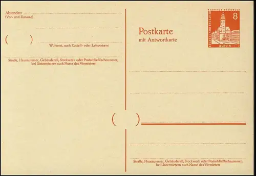 P 43 - Bauten II 8/8 Pf orangerot, Postkarte mit Antwortkarte, postfrisch **