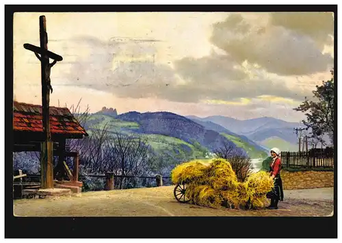 AK paysanne d'artiste avec charrette de foin sur le croix de chemin, MUNICH 19.5.1915