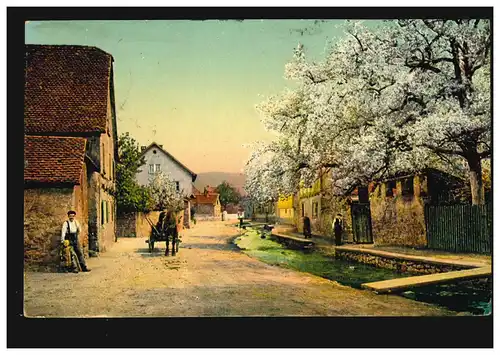 Artiste-AK Dorfidylle au printemps avec des chevaux, FRANKFURT-BOCKENHEIM 1908