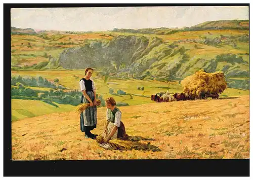 AK Artiste E. Burnand: Lesseuses d'épis Les herses avec chevaux, Poste de champ 1917