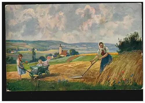 AK artiste récolte de céréales - La femme en tondeuse / Sensen, inutilisé