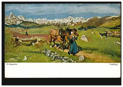 AK Artiste G. Segantini: Printemps - paysanne avec chevaux et semeur, inutilisé