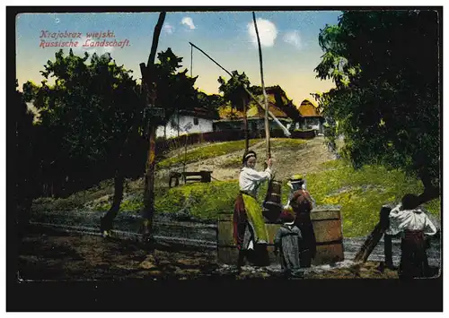 Künstler-AK Russische Landschaft Bauernhof Ziehbrunnen, ungebraucht
