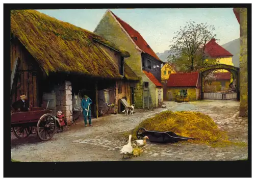 Künstler-AK Das Böhmische Mittelgebirge: Bauernhof in Zirkowitz, beschriftet