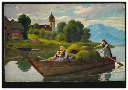 Künstler-AK Diffenbacher: Abendläuten Heutransport per Kahn KIRCHEN (SIEG) 1926 