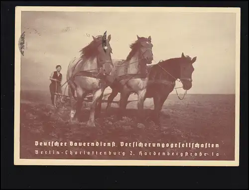 Foto-AK Deutscher Bauerndienst: Bauer mit Pferdegespann bei der Feldarbeit, 1938