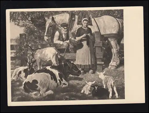 Künstler-AK Jul. P. Junghanns: Bei der Hirtin - Pferd Rinder Ziegen, ungebraucht