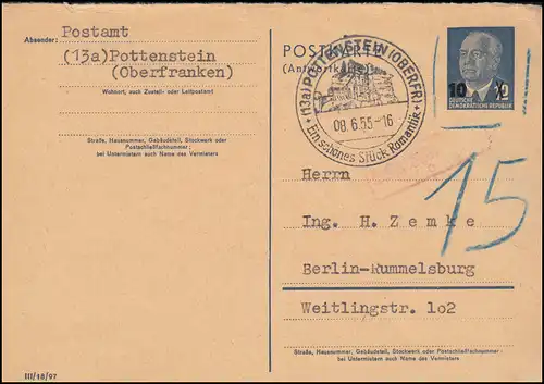 DDR P 63A Pieck Antwortteil 10 auf 12 Pf SSt POTTENSTEIN (OBERFR.) 8.6.1955